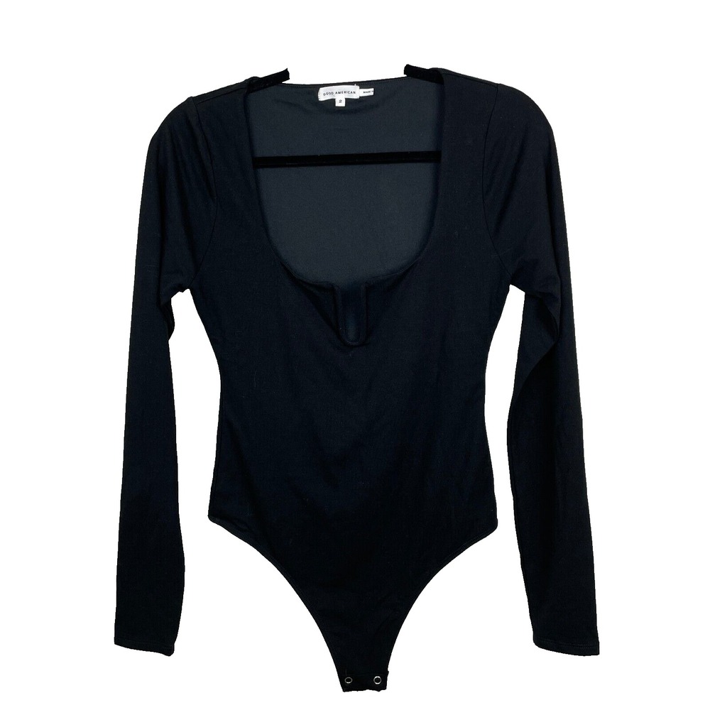 Good American Bodysuit Womens 2 US Medium Thong Black Long Sleeve U Ring Chest